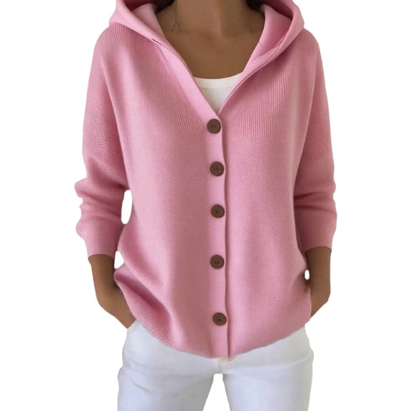 Breezora Women's Knitted Hooded Cardigan Sweater with Buttons Border Design Casual Winter Jacket L Size Pink