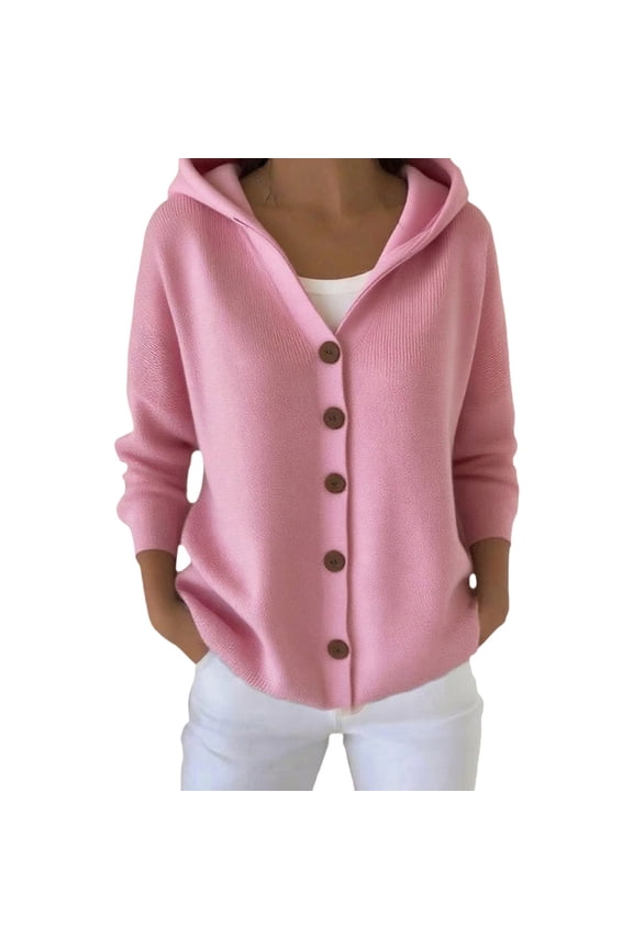 Women's Knitted Hooded Cardigan Sweater with Buttons Border Design Casual Winter Jacket L Size Pink