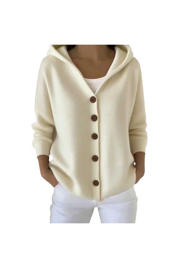 Women's Knitted Hooded Cardigan Sweater with Buttons Border Design Casual Winter Jacket XXL Size Beige