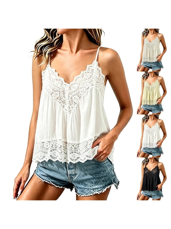 Women's Lace Trim Spaghetti Strap Sleeveless Tank Top Lace V Neck Camisole Casual Summer Layering Cami
