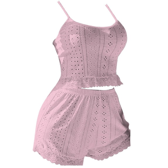 Breezora Women's Lace Trimmed Sleepwear Set Bralette with Matching Shorts Comfortable Backless Design Home Outfit S Size Pink