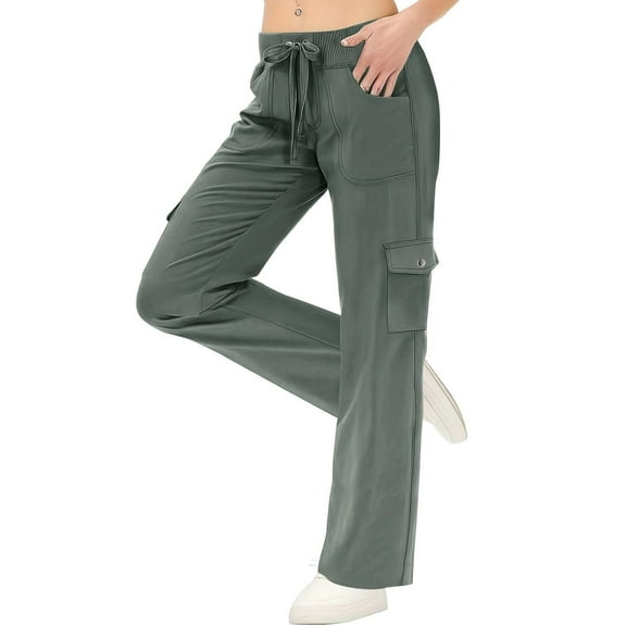 Breezora Women's Lightweight Hiking Pants Drawstring Waist Comfortable Travel Trousers with Functional Pockets M Size Green