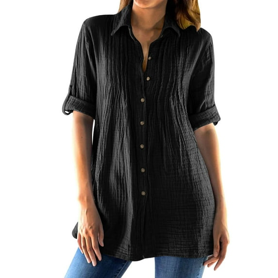 Breezora Women's Linen Button Down Shirt with Lapel Collar Lightweight Wrinkle Resistant Summer Blouse Loose Fit Casual Tops XXXL Size Black