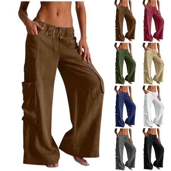 Breezora Women's Linen Cargo Pants Summer Wide Leg Casual Loose Fit Elastic Waist Lightweight Breathable Daily Beach Trousers
