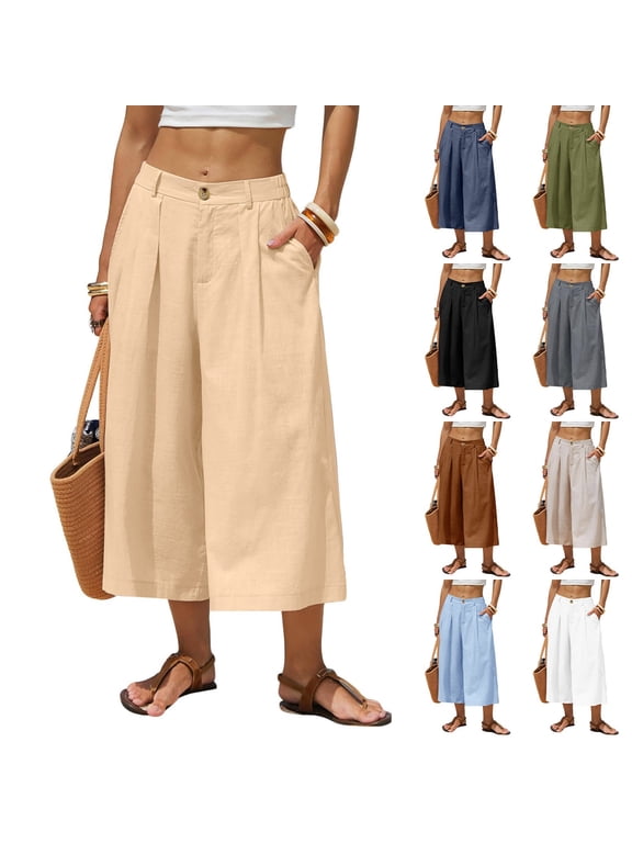 Women's Linen Cotton Pants Summer Wide Leg Casual Cropped Culottes With Pockets Loose Breathable Relaxed Fit Daily Trousers