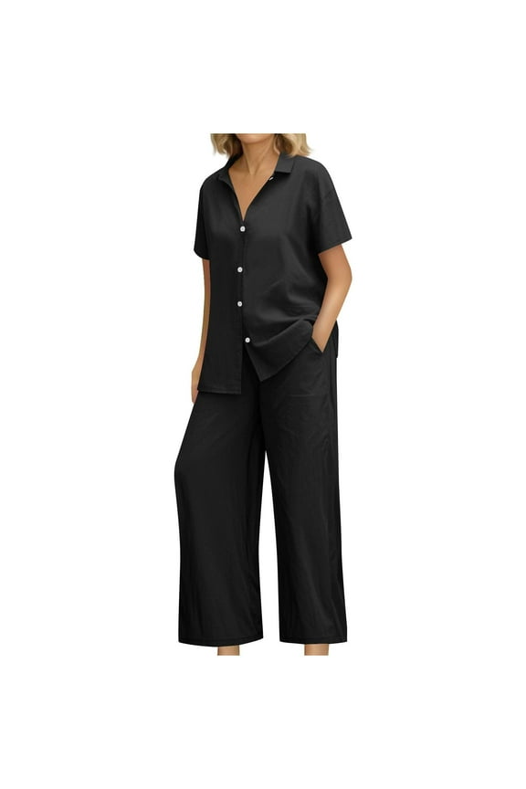 Women's Linen Shirt and Wide Leg Pants Set Loose Fit Summer Two Piece Outfit Breathable Cotton Linen Comfortable Wear L Size Black