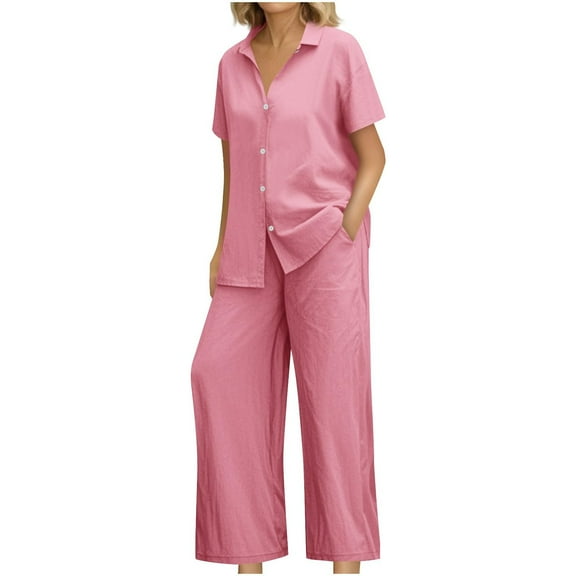 Breezora Women's Linen Shirt and Wide Leg Pants Set Loose Fit Summer Two Piece Outfit Breathable Cotton Linen Comfortable Wear L Size Pink