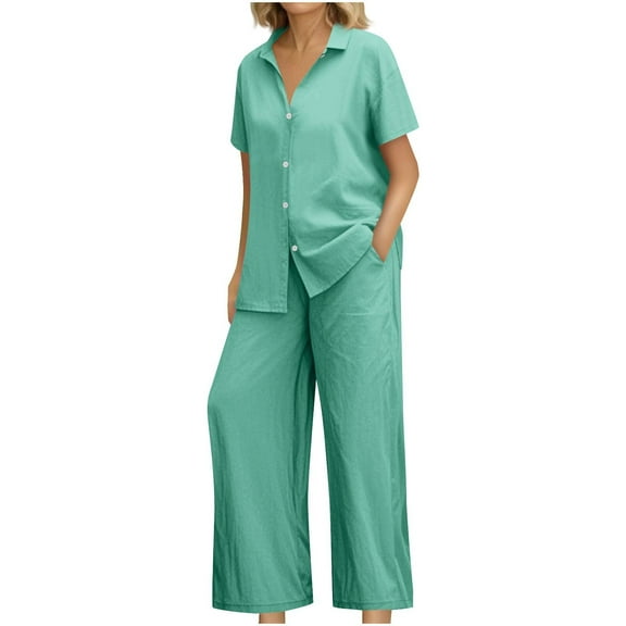 Breezora Women's Linen Shirt and Wide Leg Pants Set Loose Fit Summer Two Piece Outfit Breathable Cotton Linen Comfortable Wear S Size Green