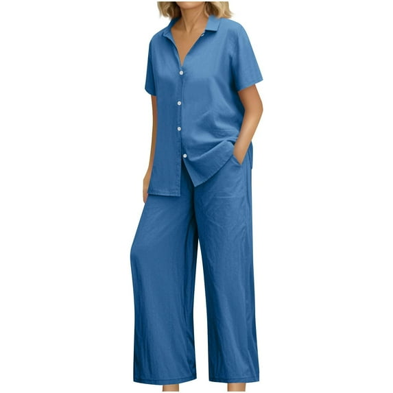 Breezora Women's Linen Shirt and Wide Leg Pants Set Loose Fit Summer Two Piece Outfit Breathable Cotton Linen Comfortable Wear XXL Size Blue