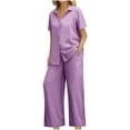 thumbnail image 1 of Breezora Women's Linen Shirt and Wide Leg Pants Set Loose Fit Summer Two Piece Outfit Breathable Cotton Linen Comfortable Wear XXL Size Purple, 1 of 7