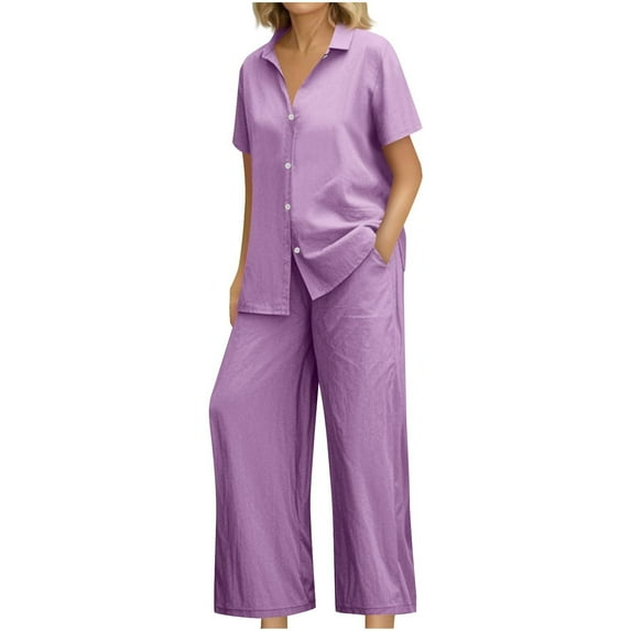 Breezora Women's Linen Shirt and Wide Leg Pants Set Loose Fit Summer Two Piece Outfit Breathable Cotton Linen Comfortable Wear XXL Size Purple