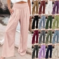 thumbnail image 1 of Breezora Women's Linen Wide Leg Pants Summer Casual Drawstring Elastic High Waist Trousers With Pockets Beach Palazzo Loose Breathable Relaxed Fit, 1 of 8