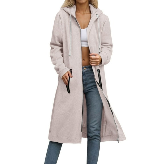 Breezora Women's Long Cardigan Coat with Zipper and Pockets Button Front Loose Fit Duster Outerwear L Size Beige