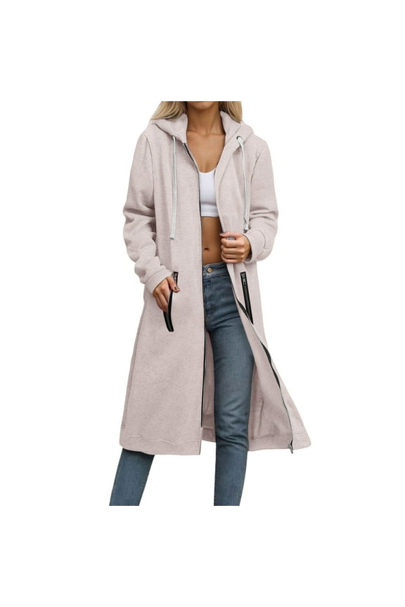 Women's Long Cardigan Coat with Zipper and Pockets Button Front Loose Fit Duster Outerwear L Size Beige