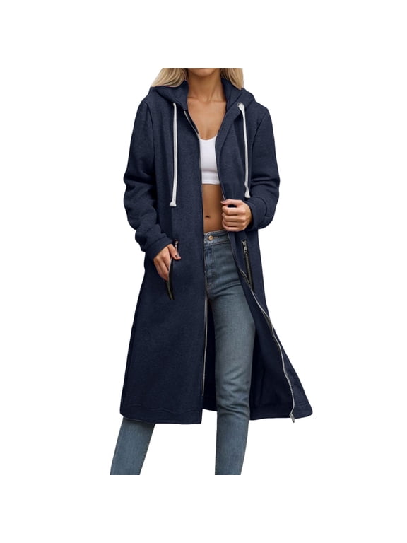 Women's Long Cardigan Coat with Zipper and Pockets Button Front Loose Fit Duster Outerwear M Size Navy