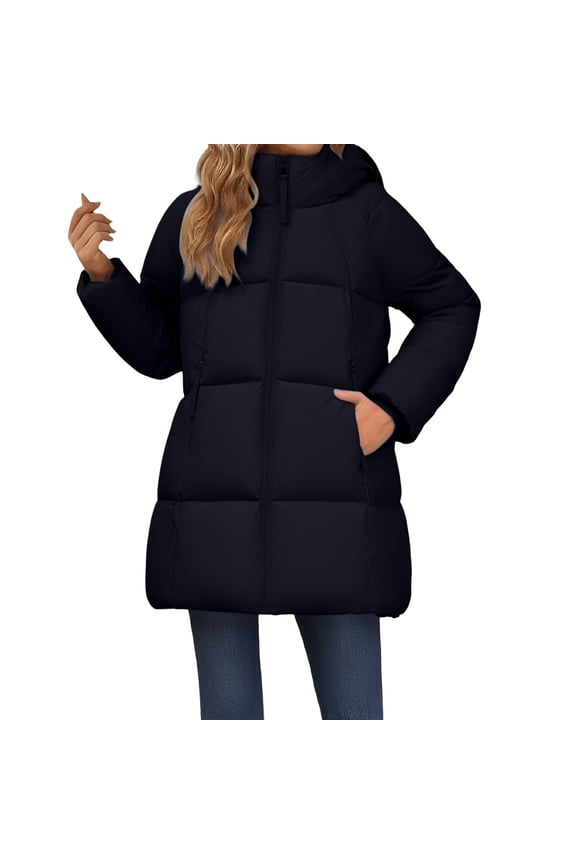 Women's Long Hooded Down Alternative Jacket Insulated Warm Winter Parka Cozy Outerwear M Size Black