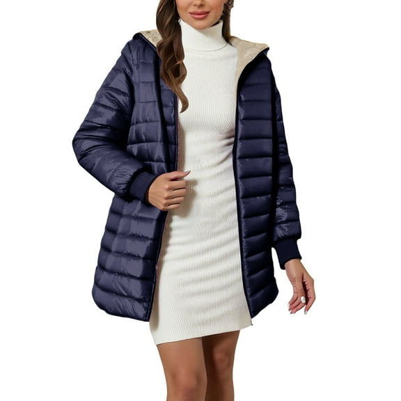 Breezora Women's Long Loose Fit Down Alternative Jacket Quilted Cotton Blend Hooded Warm Winter Coat Outerwear XXXXL Size Navy