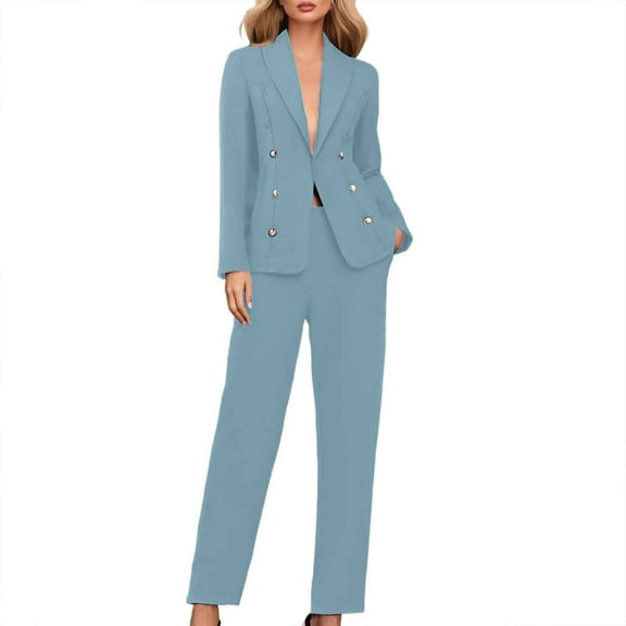 Breezora Women's Long Sleeve Cardigan and Pants Suit Set Office Work Professional Outfit Elegant Two Piece Business Casual Wear XL Size Light Blue