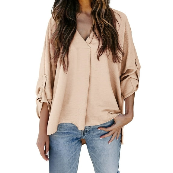 Breezora Women's Loose Fit Blouse with Puff Sleeves Comfortable Work Shirt V Neck Casual Top for Office Wear L Size Beige