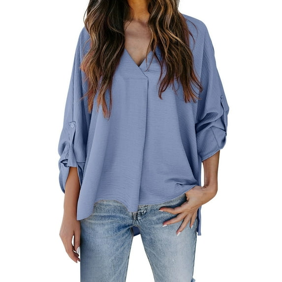 Breezora Women's Loose Fit Blouse with Puff Sleeves Comfortable Work Shirt V Neck Casual Top for Office Wear L Size Blue