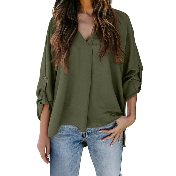 Breezora Women's Loose Fit Blouse with Puff Sleeves Comfortable Work Shirt V Neck Casual Top for Office Wear M Size Green