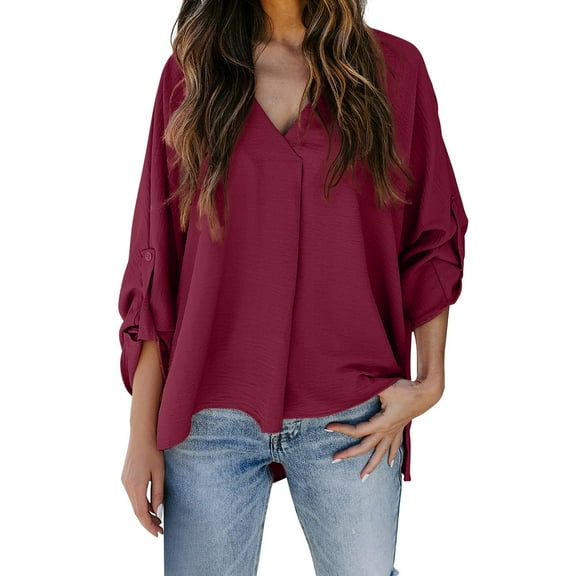 Breezora Women's Loose Fit Blouse with Puff Sleeves Comfortable Work Shirt V Neck Casual Top for Office Wear S Size Red