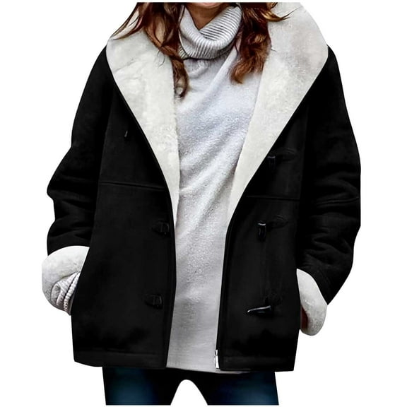 Breezora Women's Loose Fit Lapel Denim Jacket Button Down Warm Lined Coat for Winter Outerwear and Daily Use L Size Black