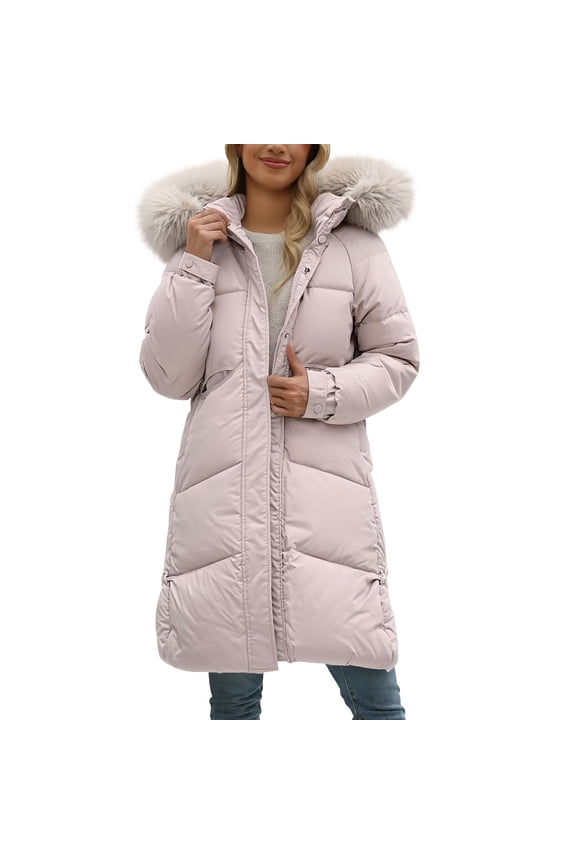 Women's Mid Length Down Cotton Padded Jacket with Large Collar Loose Knee Length Thick Winter Coat L Size Pink