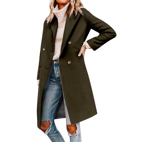 Breezora Women's Notched Lapel Double Breasted Wool Blend Winter Long Overcoat Classic Outerwear L Size Green