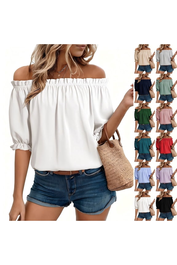 Women's Off Shoulder Top Ruffle Hem Bubble Short Sleeve Blouse Cute Casual Flowy Summer Shirt for Beach Vacation