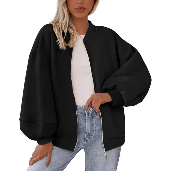 Breezora Women's Oversized Baseball Jacket 2025 Fall Fashion Zip Up Sweatshirt Casual Long Sleeve Winter Outerwear L Size Black