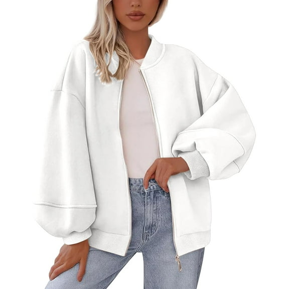 Breezora Women's Oversized Baseball Jacket 2025 Fall Fashion Zip Up Sweatshirt Casual Long Sleeve Winter Outerwear L Size White