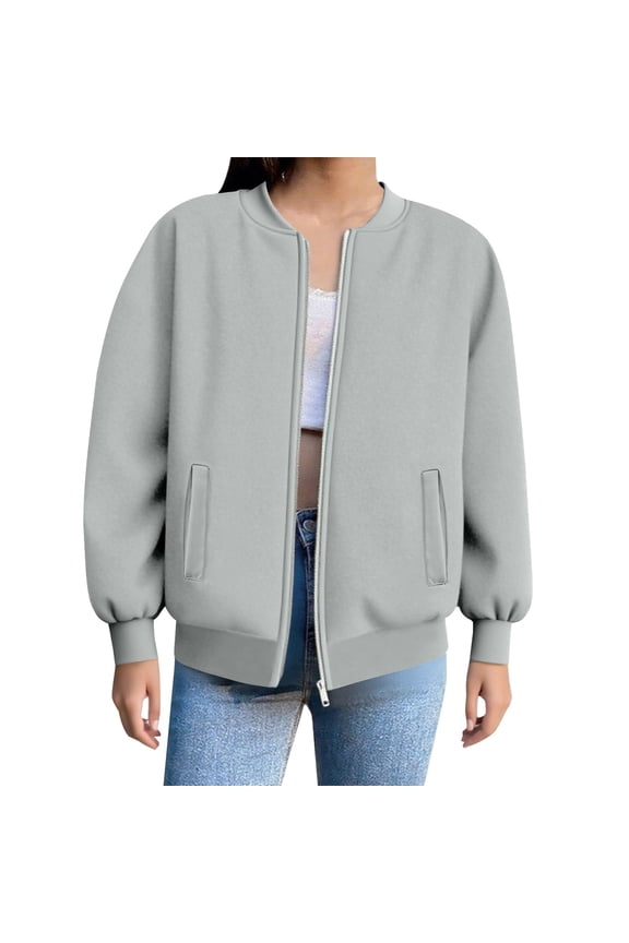 Women's Oversized Baseball Lapel Pullover Hoodie with Zipper Pockets Casual Loose Fit Sweatshirt XL Size Light Ashy