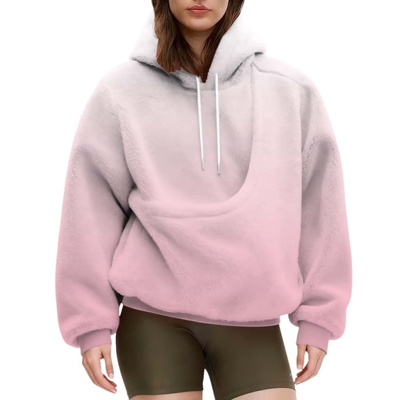 Breezora Women's Oversized Flannel Pullover Hoodie Gradient Color Kangaroo Pocket Casual Comfort Soft Warm Y2K Fashion Streetwear L Size Pink