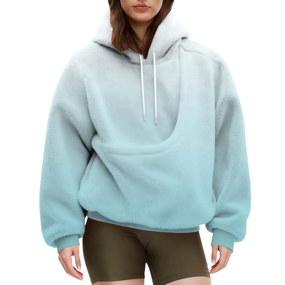 Breezora Women's Oversized Flannel Pullover Hoodie Gradient Color Kangaroo Pocket Casual Comfort Soft Warm Y2K Fashion Streetwear S Size Light Blue