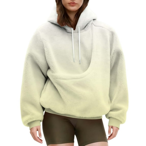 Breezora Women's Oversized Flannel Pullover Hoodie Gradient Color Kangaroo Pocket Casual Comfort Soft Warm Y2K Fashion Streetwear XL Size Beige