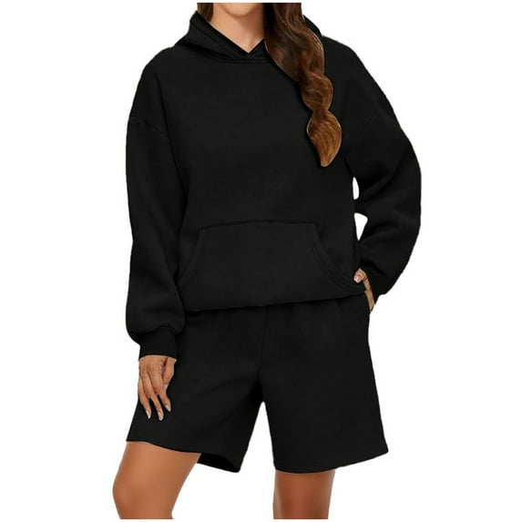 Breezora Women's Oversized Hoodie And Shorts Set 2025 Trendy Matching Sweatsuit For Gym Or Casual XL Size Black