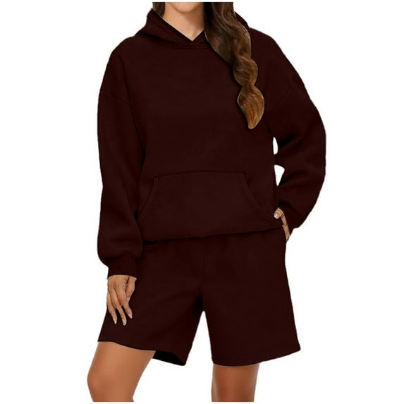 Breezora Women's Oversized Hoodie And Shorts Set 2025 Trendy Matching Sweatsuit For Gym Or Casual XL Size Brown