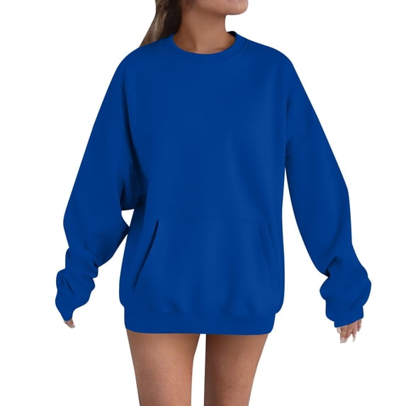 Breezora Women's Oversized Pocket Hoodie Round Neck Casual Pullover Comfortable Lounge Wear Sweatshirt XL Size Blue