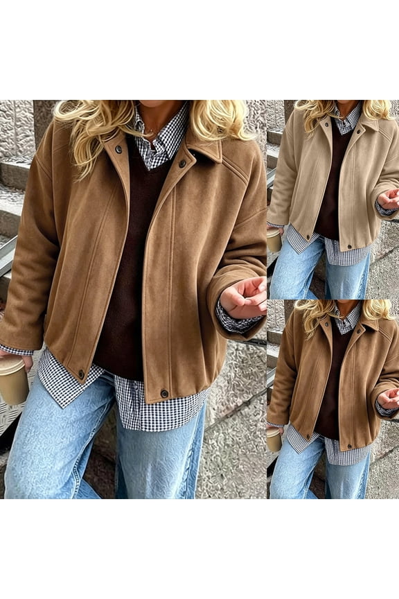 Women's Oversized Suede Jacket Short Cropped Lapel Button Down Loose Fit Long Sleeve Casual Fall Winter
