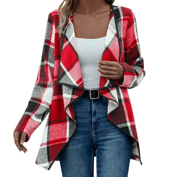 Breezora Women's Plaid Open Front Long Sleeve Blouse Lightweight Breathable Work Office Casual Shirt XXXXXL Size Red