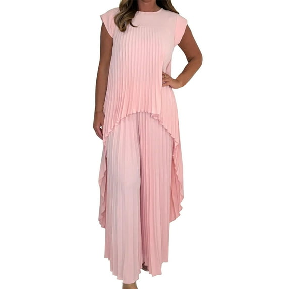 Breezora Women's Pleated Top and Wide Leg Pants Set Elastic Waist Comfortable Daily Wear Two Piece Outfit Trendy Lounge Attire L Size Pink