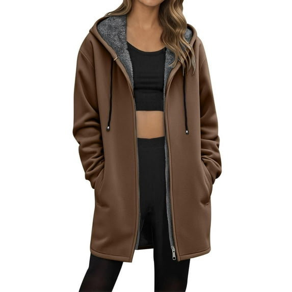 Breezora Women's Plush Lined Zip Up Hoodie Long Sleeve Solid Color Comfort Hooded Coat With Pockets Winter Wear XXXL Size Brown