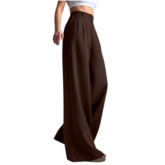 Breezora Women's Professional Wide Leg Trousers Flowy High Waist Work Pants for Business Casual Occasions L Size Coffee
