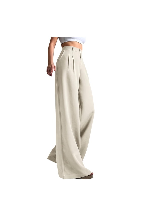 Women's Professional Wide Leg Trousers Flowy High Waist Work Pants for Business Casual Occasions M Size Beige