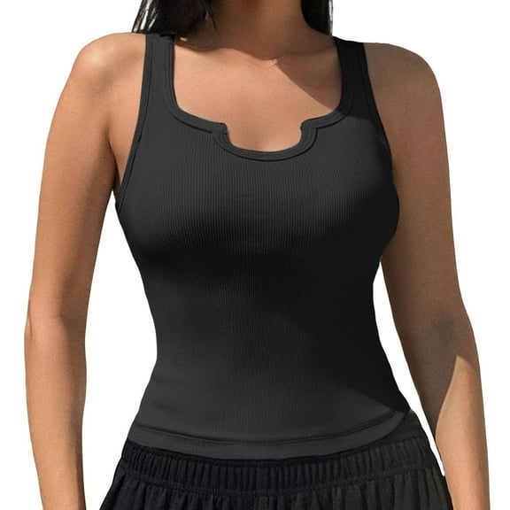 Breezora Women's Ribbed Knit Tank Top Sleeveless Cotton Basic Fitted Vest L Size Black
