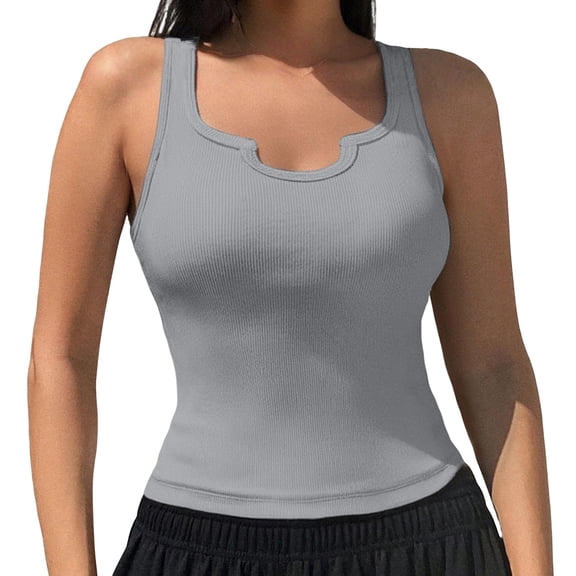 Breezora Women's Ribbed Knit Tank Top Sleeveless Cotton Basic Fitted Vest L Size Light Ashy