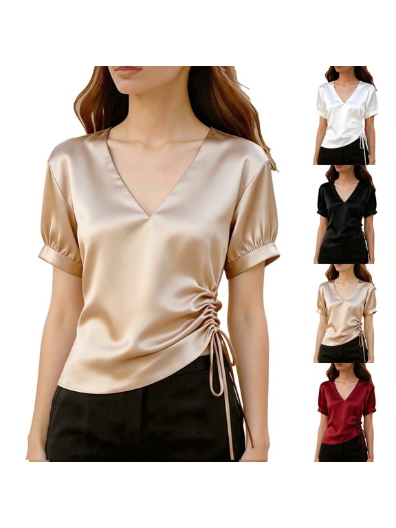 Women's Satin V Neck Tie Front Drawstring Waist Blouse Shirred Cute Going Out Tops Casual Summer Tops