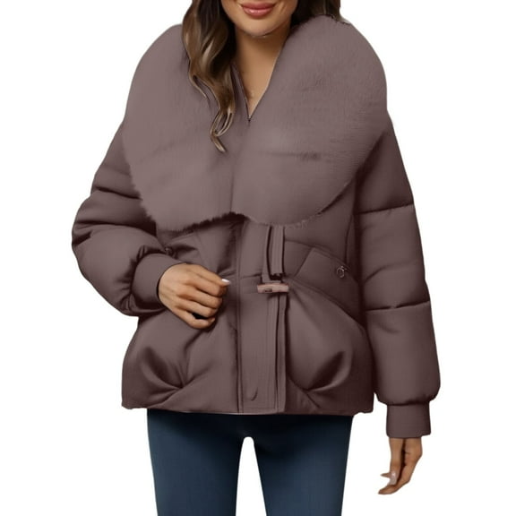 Breezora Women's Short Hooded Quilted Jacket with Faux Fur Detail Street Style Thermal Winter Puffer Coat M Size Coffee