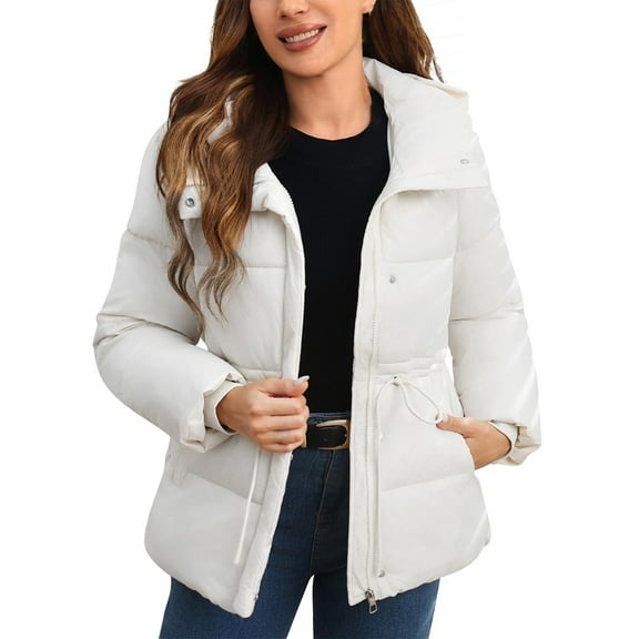 Breezora Women's Short Puffer Jacket Hooded Winter Coat Warm Lightweight Outerwear With Large Pockets L Size White